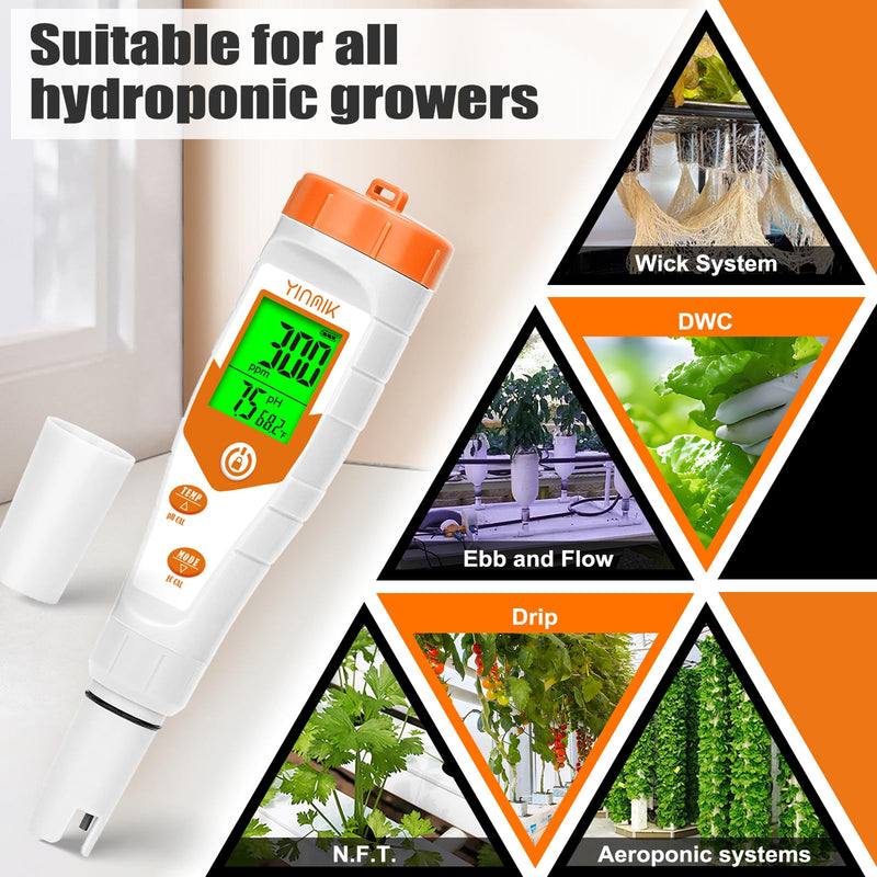 [Australia - AusPower] - pH Meter for Hydroponics PPM EC Meter for Plant Nutrients Simultaneous Measurement of pH Conductivity TDS Temperature for Reservoir Tank Water DWC Aeroponic Garden Indoor Outdoor Growing 4 in 1 pH Meter with Calibration Liquid 