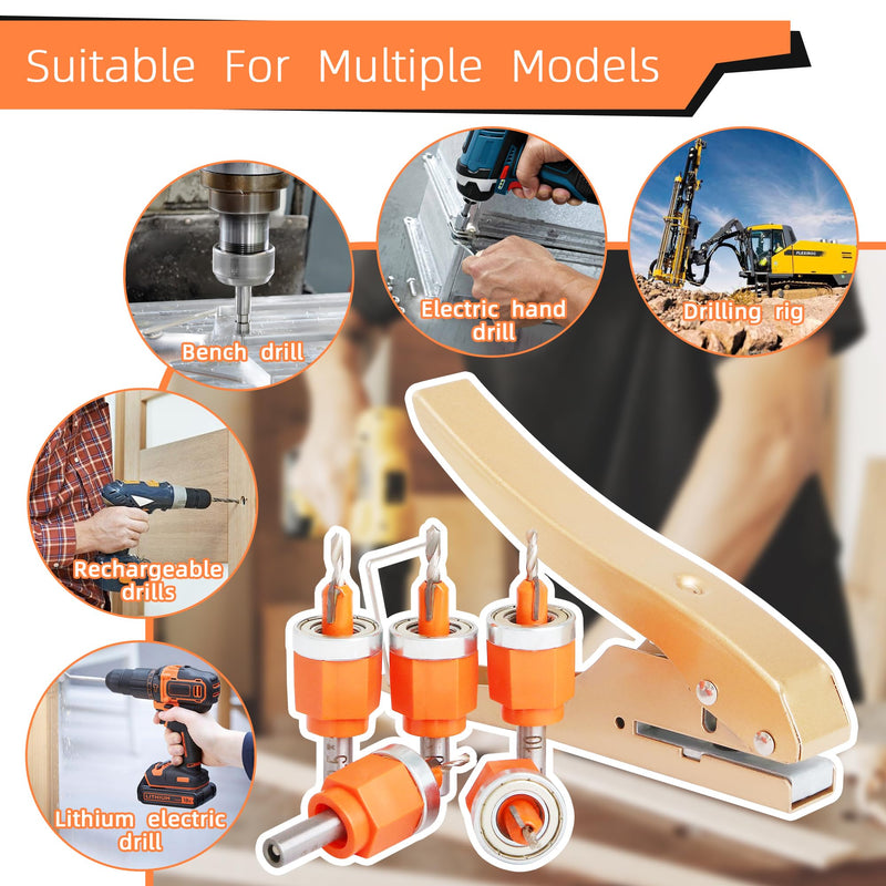 6Pcs Limit Countersink Drill Bit Set with Hole Punch, Adjustable Depth Wood Countersink Drill Bit Kit, Includes 1/8"-5/32" Bits & 3/8" Punch, Perfect for Woodworking & PVC Edge Banding (Bits + Plier) Drill Bit+Hole Punch