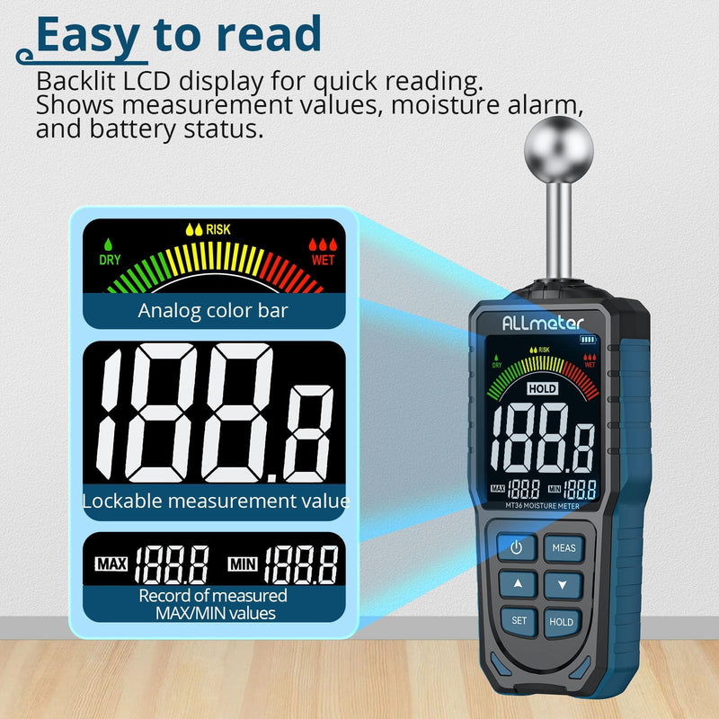 [Australia - AusPower] - Upgraded Spherical Moisture Meter,5-40mm Pinless Moisture Detector with Color LCD,Hold & Max/Min,for Wood,Concrete,Walls,Masonry,Plaster,Ideal for Homeowners and Construction Professionals 