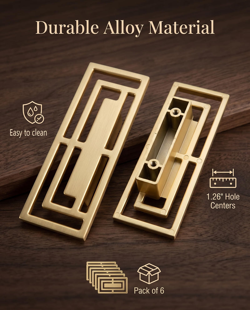 6Pcs of Gold Brushed Drawer Handles Pulls, Closet TV Cabinet, Stylish Golden Copper Handles Modern Chinese Auspicious Patterns Double-Hole 32mm Handle