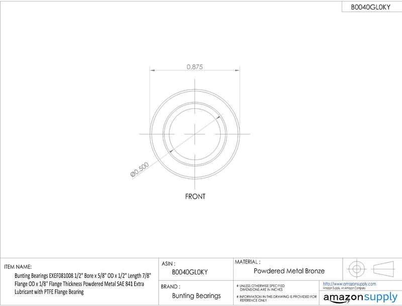[Australia - AusPower] - Bunting Bearings EXEF081008 Extra Lubricant with PTFE, Flange Bearing, Powdered Metal, SAE 841 1/2 " Bore x 5/8 " OD x 1/2 " Length 7/8 " Flange OD x 1/8 " Flange Thickness (3 Pack) 