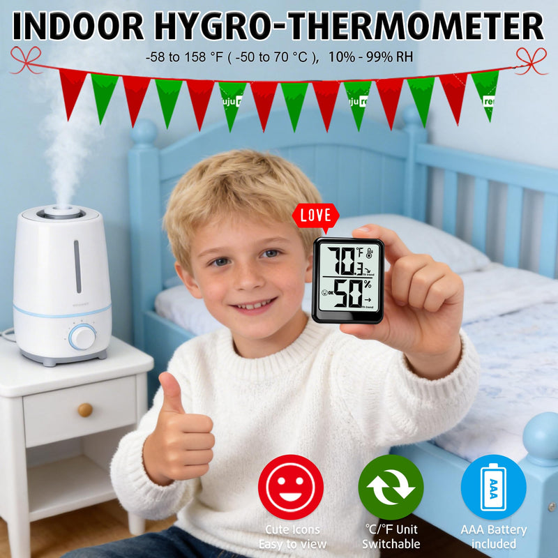 Room Thermometer Indoor Hygrometer Humidity Meter Gauge Digital Temperature and Humidity Sensor Monitor for Home Office House Pets Plants - AAA Battery Included Black - Upgraded Version 1 - Pack