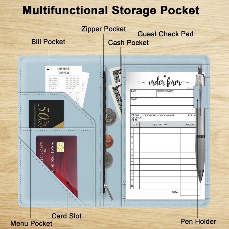 [Australia - AusPower] - Server Book with Zipper Pocket for Waitress, Cute Waiter Server Wallet, Booklet Restaurant Waitstaff Organizer, Serving Guest Check Book Holder Money Pocket Fits Server Apron, Ice Blue 