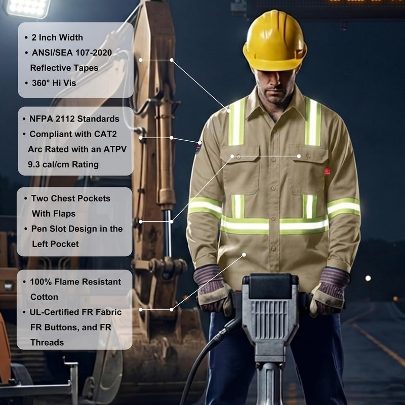 Hi Vis FR Shirt for Men 6.5oz Flame Resistant Class 3 Men's Reflective Safety Welding Shirts NFPA 2112/CAT2 Khaki X-Large