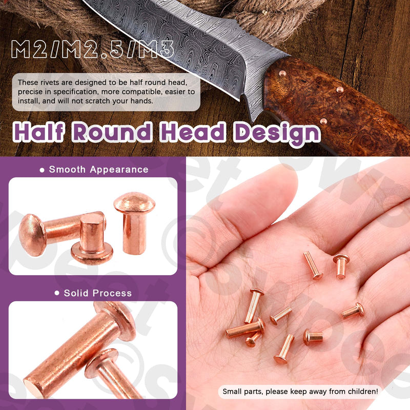 [Australia - AusPower] - Swpeet 270Pcs M2 M2.5 M3 Half Round Head Copper Solid Rivet Metal Fasteners Set, Copper Solid Rivets Rivet Fastener Ideal for Electrical Applications Belts Wallets Collars Leather DIY Craft Supplies 