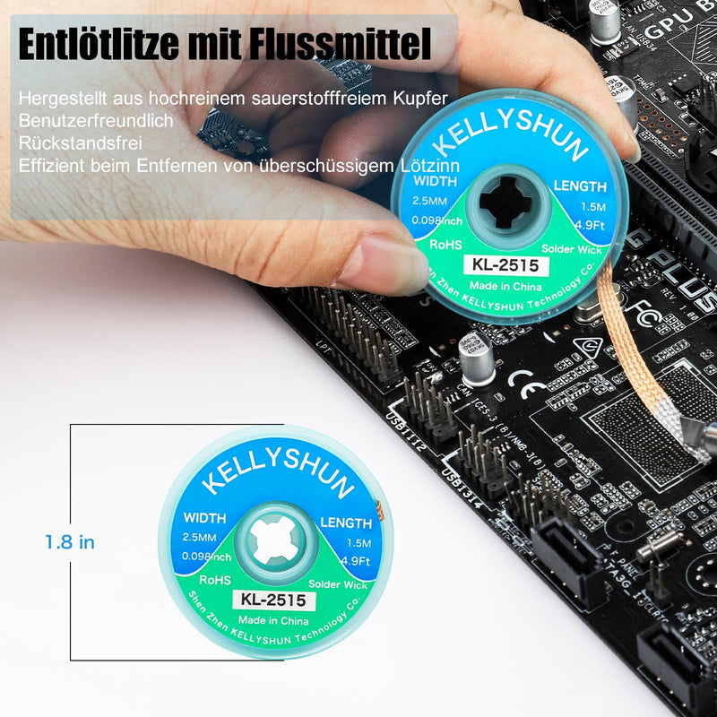 KL-558 Flux Soldering, 10 ml No-Clean Lead-Free Rosin Flux (1 Piece) 2.5 mm / 1.5 m Desoldering Braid (1 Piece), Suitable for Mobile Phone Soldering, BGA, Household Appliance Repairs KL-558