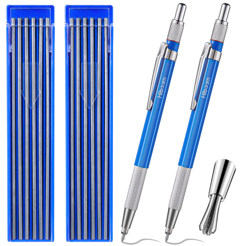 Hiboom 2 Pcs Welders Pencil with 24 Pcs Silver Round Refills, Mechanical Pencils Metal Marker with Built in Sharpener for Pipe Fitter Welder Steel Construction Fabrication Woodworking, Design Patent