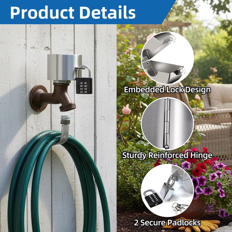 Outdoor Faucet Lock, Stainless Steel Water Spigot Lock with 2 Padlock, Hose Bib & Gate Valve Lock for Outside Faucet, Prevent Unauthorized Use & Water Theft (1.3–2.5 Inch Silver)