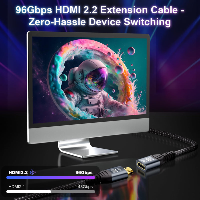 16K HDMI Extension Cable 5FT, 96Gbps Ultra High Speed HDMI Extender, HDMI 2.2 Male to Female Adapter Compatible with 16K@60Hz 8K@120Hz 4K@240Hz HDR eARC, for PS5/Xbox/Fire TV/Roku/Laptop