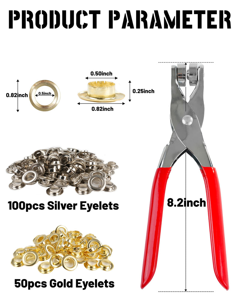 [Australia - AusPower] - 150Pcs 1/2 Inch Grommet Tool Kit, Grommet Kit, Eyelet Kit with Leather Hole Punch Pliers, 150 Metal Eyelets and Grommets in Gold and Silver for Leather, Shoes, Fabric, Belt 