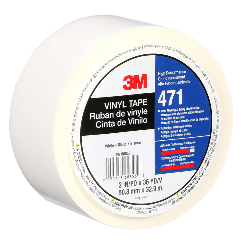 3M Vinyl Tape 471, 2 in x 36 yd, White, 1 Roll, Paint Alternative for Floor Marking, Social Distancing, Color Coding, Safety Marking