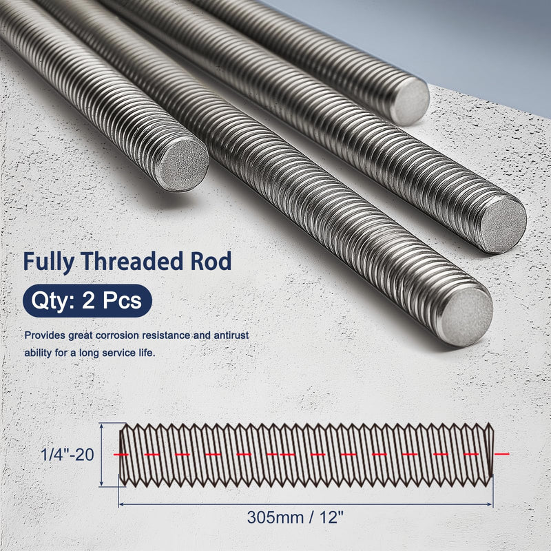 [Australia - AusPower] - 1/4"-20 Fully All Threaded Rod & Studs, 12" Length, 304 Stainless Steel Right Hand Thread Screw for Furniture Anchor Bolts, Clamps, Hangers and U-Bolts 2 Pack 1/4"-20 x 12" 