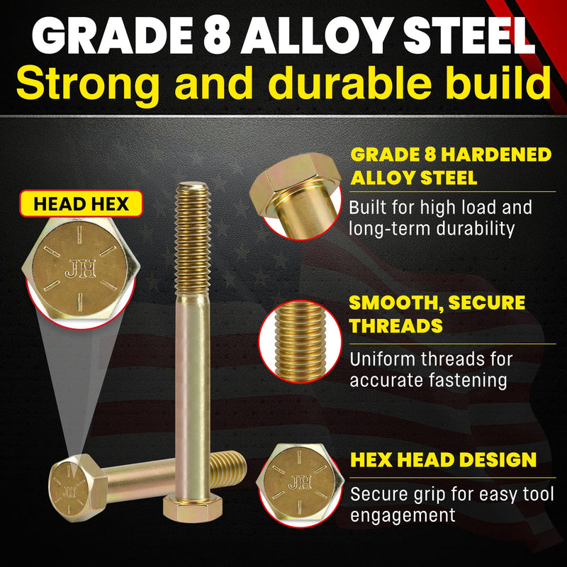 Chenango Supply 1/4-20 x 2-1/2" Grade 8 Hex Head Bolts – Alloy Steel, Yellow Chromate Zinc, USS Coarse Thread, 150,000 PSI Tensile Strength, High-Strength Hardware Bolts, (50 Pieces, 1/4-20 x 2.5 G8) 1/4-20x2-1/2 50pcs