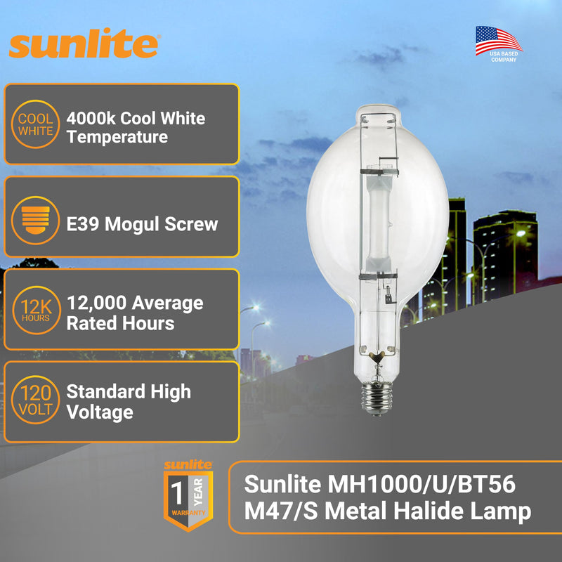Sunlite 03681-SU MH1000/U/BT56 M47/S Metal Halide Lamp, 1000 Watts, Mogul Base (E39), BT56, 12,000 Hours Life, 110,000 Lumen, Clear Finish, 4000K 1 Count (Pack of 1)