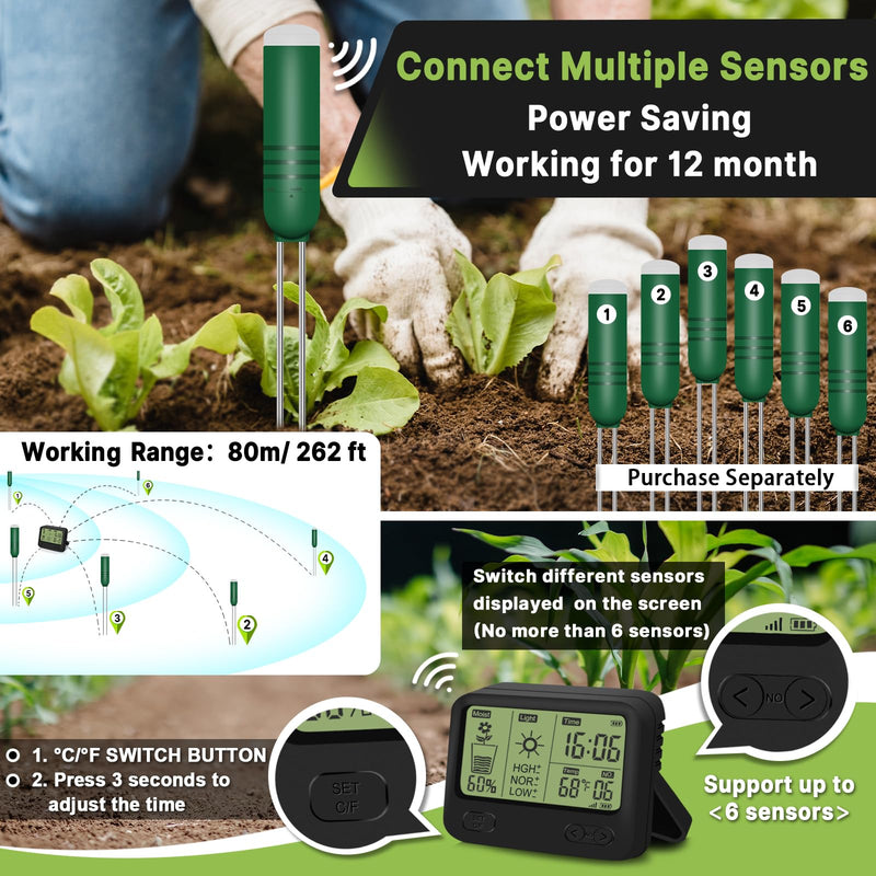 4-in-1 Wireless Soil Moisture Meter/Thermometer/Sunlight/Time,PH Paper, Waterproof Plant Moisture Sensor Meter with Digital LCD Display for Garden, Lawn and Indoor Plants 4-in-1 Display+1 Sensor