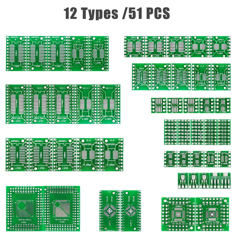 [Australia - AusPower] - KeeYees 12 Types SMD to DIP Adapter PCB Proto Board Kit SOP8 SOP10 SOP14 SOP16 SOP20 SOP24 SOP28 0402/0603/0805 SMT SOT89/SOT223 TQFP100 QFN32 QFN44/48 with 40pcs 2.54mm Pin Header 