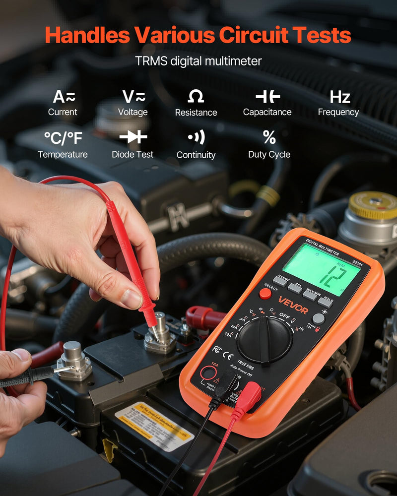 [Australia - AusPower] - VEVOR Digital Multimeter, 4000-Count TRMS DC/AC Voltmeter Current Tester, Auto-Ranging Multimeter for Current Voltage Resistance Capacitance Temperature Diodes Continuity Duty-Cycle Measurments 