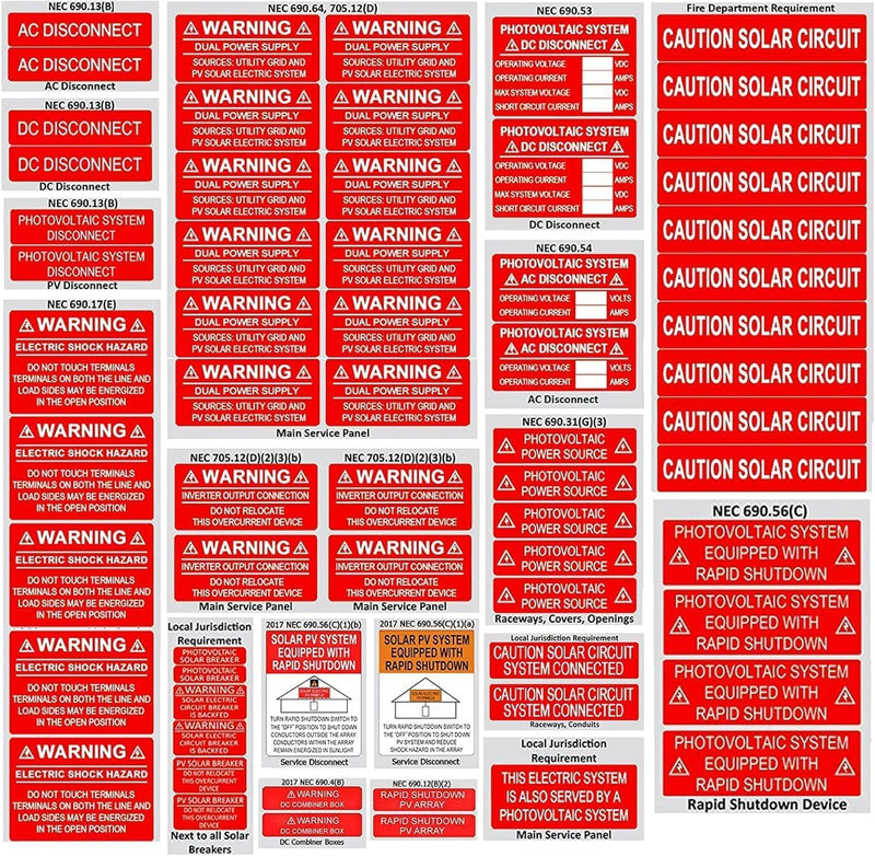 62-Pack Solar PV System Label Kit - Code 2020/2023 Compliant Photovoltaic Stickers - UV Resistant & Reflective Vinyl - Complete Solar Warning Labels for Installers, Inspectors & Homeowners