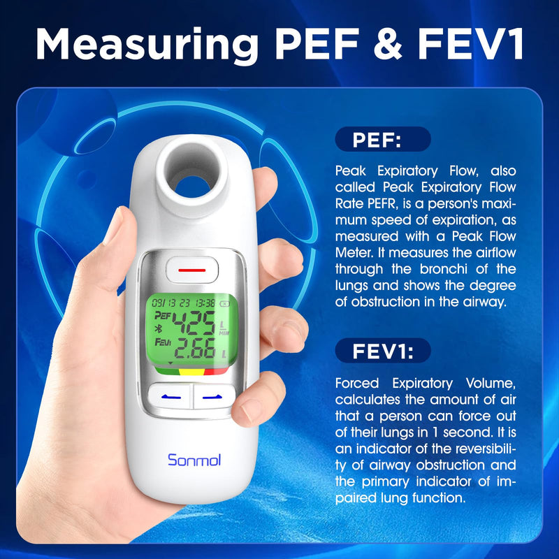 [Australia - AusPower] - Peak Flow Meter with Bluetooth APP Spirometer for Asthma COPD Monitor Tests PEF FEV1 Home Medical for Kids Adults with 300 Records Storage Function 