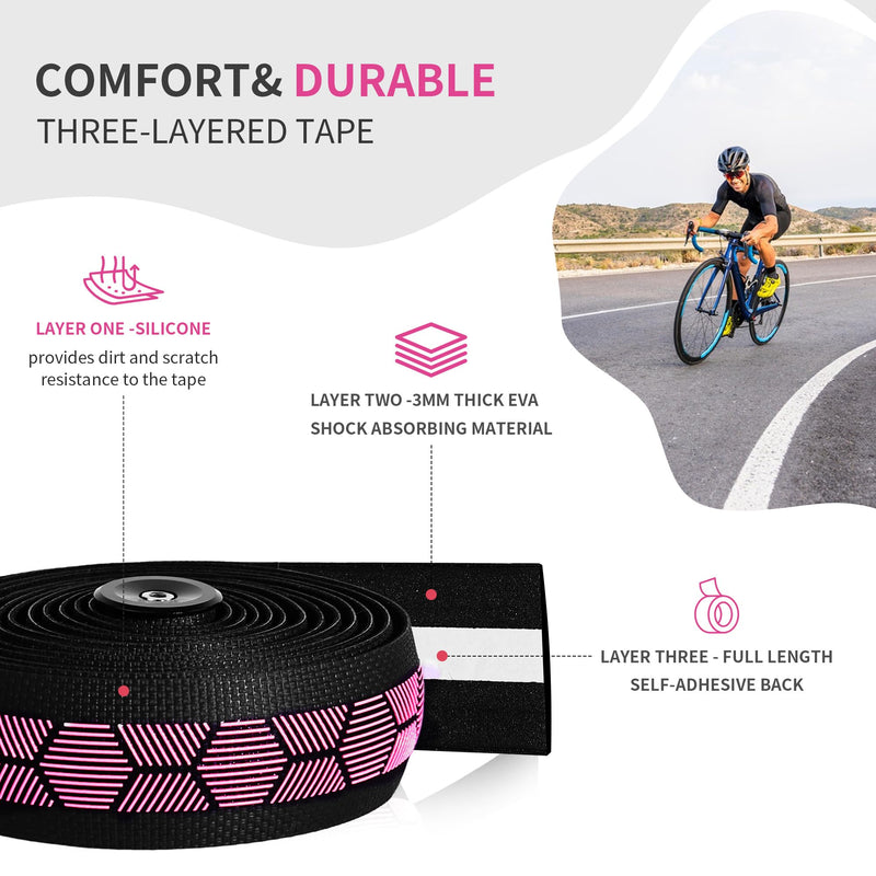 Silicone 3D Honeycomb Chevron Bike Handlebar Tape, Anti-Slip Shock-Absorbing Bar Wrap for Road/Gravel Drop Bars, Sweat-Resistant, Easy-Clean, with End Plugs (Black Pink) Black Pink