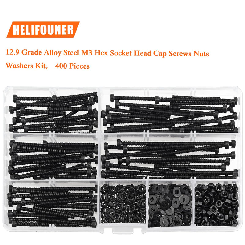 [Australia - AusPower] - 400 Pieces M3 x 30mm /35mm /40mm /45mm /50mm, Hex Socket Head Cap Metric Screws Bolts Washers Nuts Kit, 12.9 Grade Alloy Steel, Fully Threaded, Black M3 x 30/35/40/45/50mm 