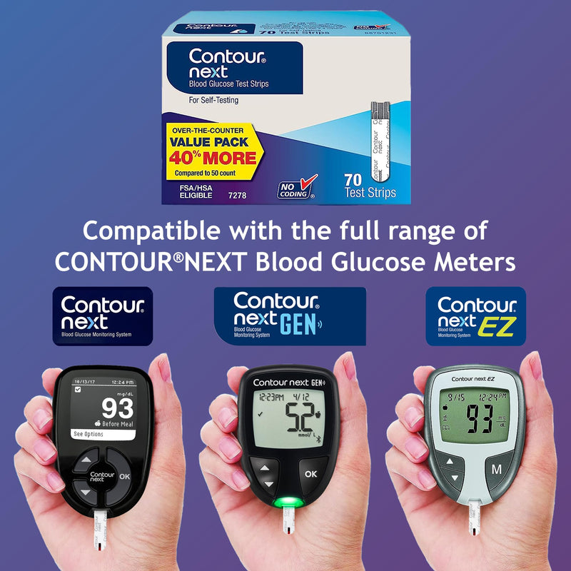 Ascensia Contour Next Blood Glucose Test Strips for Diabetes – 70 Count (1 Pack) - Accurate, No Coding, Second-Chance Sampling, Compatible with All Contour Next Meters for Easy Blood Sugar Testing 70 Count (Pack of 1)