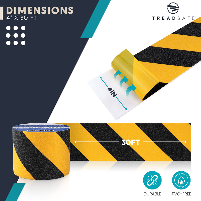 Anti Slip Safety Tape for Steps - Black and Yellow Grip Tape, Caution Tape Adhesive Step Tape, Hazard Grip Tape, Stairs Safety Tape (4" x 30 FT Roll) Caution Tape 4" x 30 FT Roll