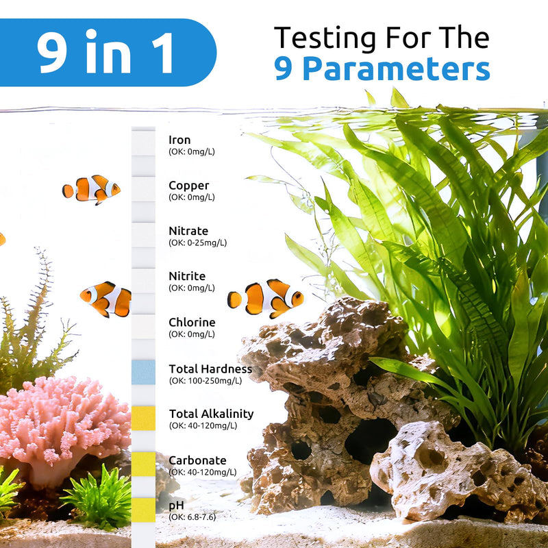 [Australia - AusPower] - SEAOURA 9-in-1 Aquarium Test Kit for Fish Tanks - 135 Strips Water Testing Strips for Aquariums & Ponds Accurate Testing Iron，Copper，Nitrate，Nitrite，Chlorine，Hardness，Alkalinity，Carbonate，pH SR-901-135 