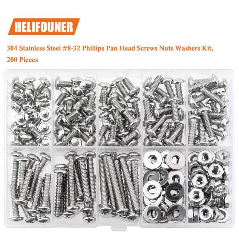 [Australia - AusPower] - 200 Pieces #8-32 Phillips Pan Head Machine Screws Nuts Washers Assortment Kit, Coarse Thread, Fully Machine Threaded, 304 Stainless Steel 