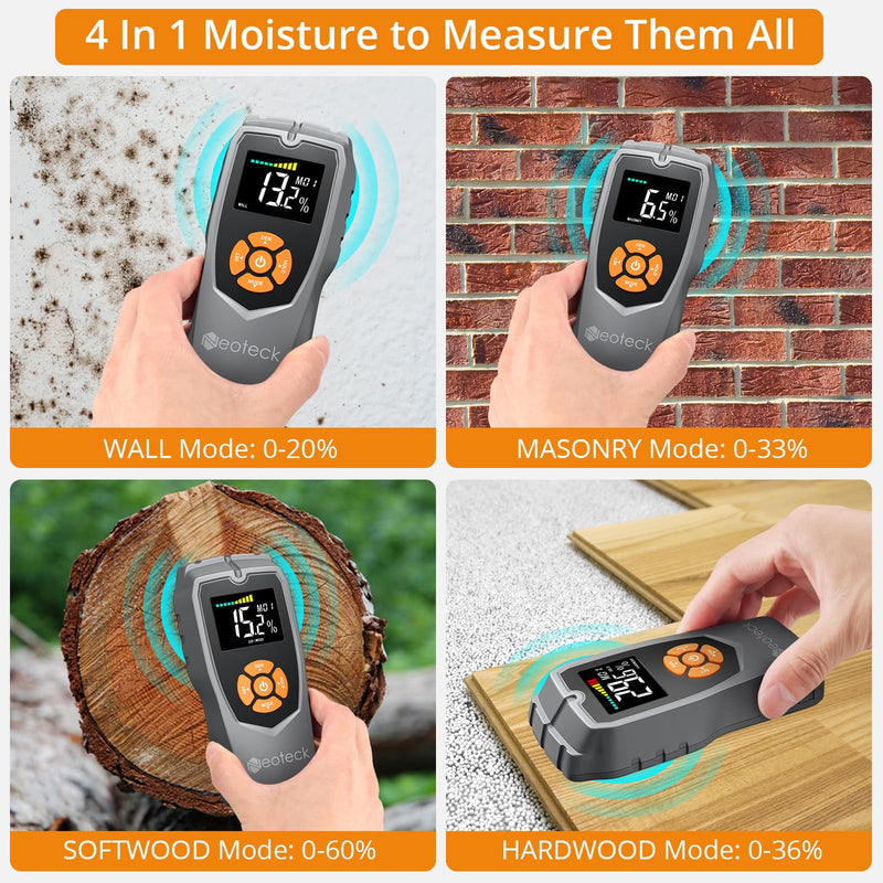 [Australia - AusPower] - Neoteck Pinless Moisture Meter Non-Destructive Wood Moisture Meter Wood Moisture Detector with LCD Display Sound Alarm for Walls, Drywall, Wood, Masonry, Woodworking, Plaster, Floor, Concrete 