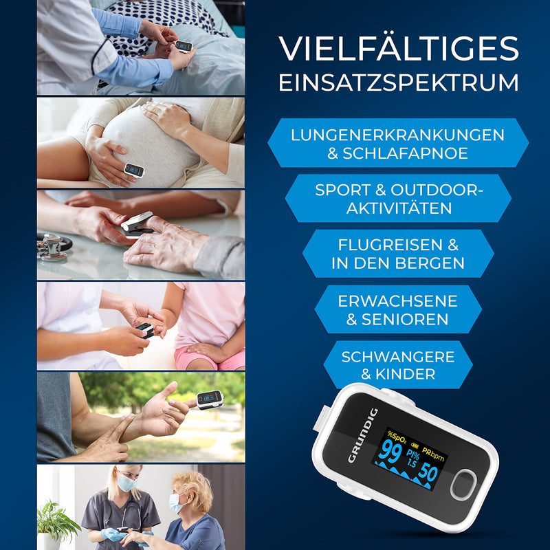 GRUNDIG Pulse Oximeter Oxygen Saturation Oximeter, High Precision Finger Oximeter Meter for Clinically Accurate Determination of Oxygen Saturation in Blood, Finger Measuring Device with Pulse Monitor Test