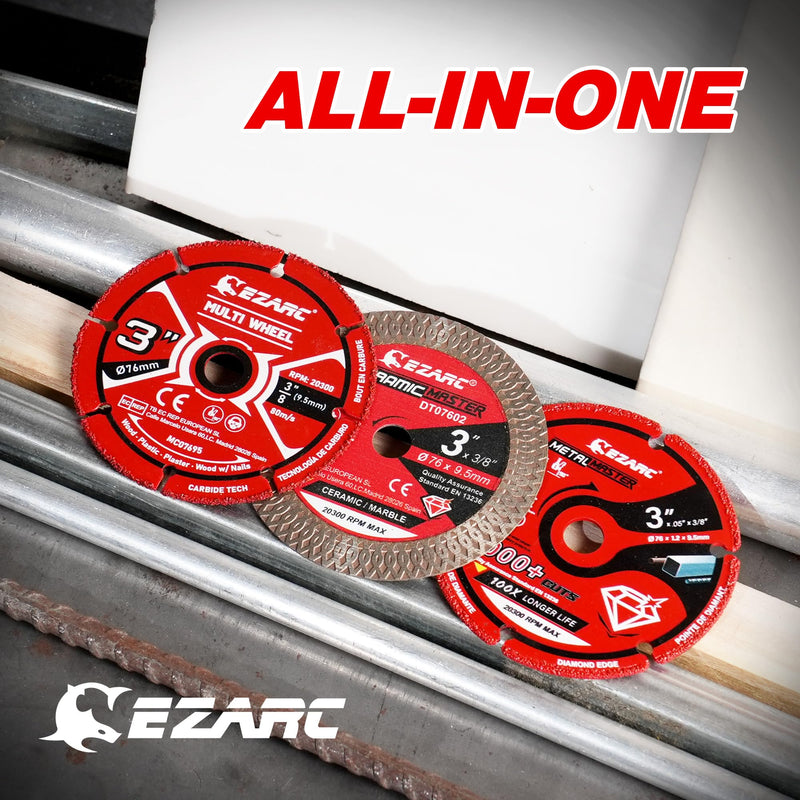 EZARC 3 Inch Cut Off Wheel Set for Angle Grinder, 3 Pack with Diamond Metal Cutting Wheel, Carbide Cutting Disc, Super Thin Diamond Tile Blade, Cut for Metal, Wood, Plastic, Marble Tile, 3/8" Arbor