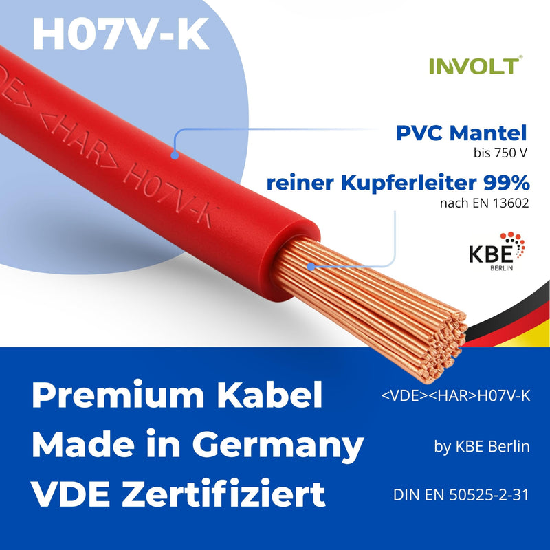 INVOLT 3 m H07V-K 10 mm² Wiring Cable Blue Wire Cable Sold by the Metre | Fine-wired, flexible, PVC wiring cable for electrical installation, made in Germany 3m
