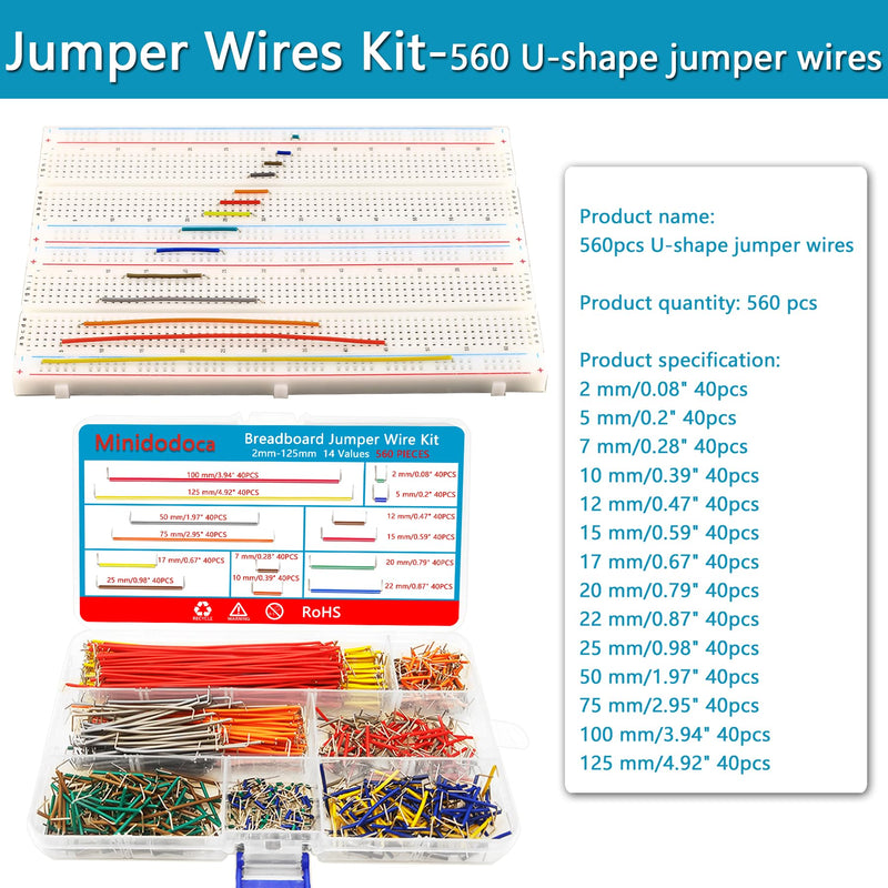 [Australia - AusPower] - 560 Pieces Jumper Wire Kit 14 Lengths Assorted Preformed Breadboard Jumper Wire+65 pcs Solderless Flexible Breadboard Jumper Wires +Alligator Clip Test Leads with Free Box&Tweezers 560pcs+65pcs+2pcs Alligator 