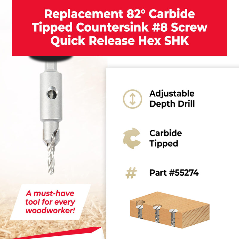 Amana Tool Carbide Tipped 82 Degree Countersink Drill Bit, 55274, 3/8 Dia x 5/32 Drill D x 1/4 Inch Quick Release Hex Shank for Tool 55225