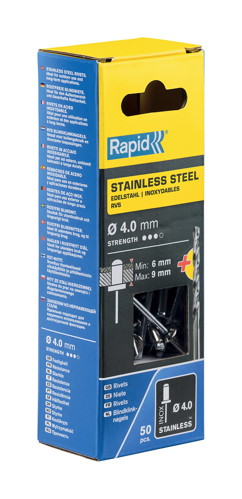 Rapid Rivets Stainless Steel Including Drill Bit, 4 x 12 mm, 5000394-50 Pieces ø4 mm