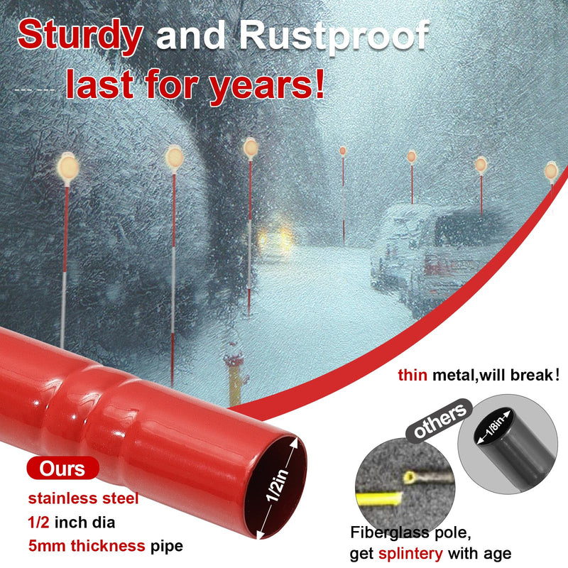 Reflective Driveway Markers - 50”High Visiblility Driveway Reflectors Double Sided with Red & White Extra Sturdy Stainless Steel Pole - Rustproof for Road,Property Line,Yard,Snow Plowing - 4 Pack 4pc