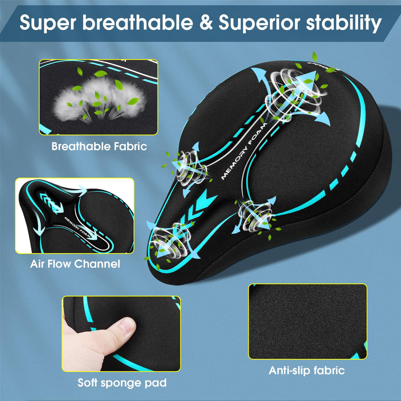 MSDADA New Large Gel Bike Seat Cover, Extra Soft Bike Seat Cushion for Men Women Comfort Wide, Fits Indoor/Outdoor/Exercise Bikes (11.22 inch x 10.03 inch) Cyan