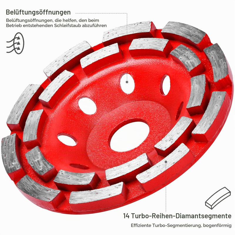 Diamond Cup Wheel 125 x 22.23 mm Double Row for Concrete Red | Diamond Grinding Pot, Cup Grinder and Grinding Wheel for Concrete, Natural Stone, Tile Adhesive, Granite, Masonry