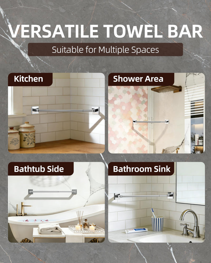 Ruacq Adjustable Towel Bar 15.8 Inch–26 Inch, Adhesive Towel Racks for Bathroom Wall Mounted, Stainless Steel Bathroom Towel Rack for Shower, Towel Rod with Square Base (Chrome) Chrome