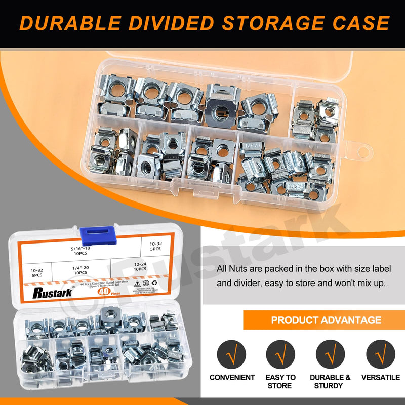 [Australia - AusPower] - 40Pcs 4 Sizes Silver Carbon Steel Cage Nut SAE Zinc Snap-in Cage Nuts Square Rack Mount Clip Nuts Captive Nut Rack Nuts for Server Shelve Cabinet 40Pcs 4 sizes Cage Nut 