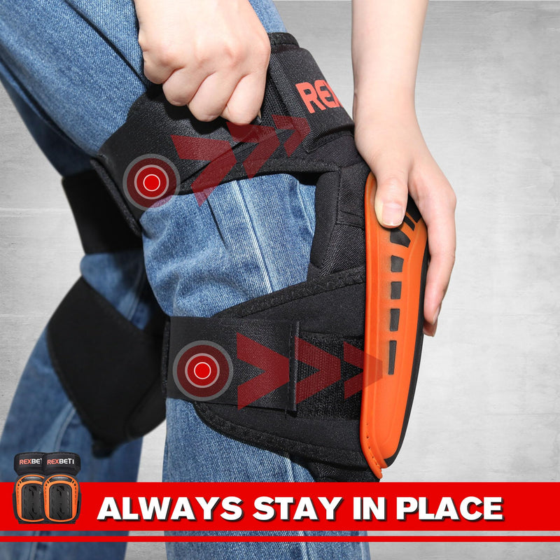 REXBETI Knee Pads for Work, Construction Knee Pads for Men, Heavy Duty Comfortable Anti-slip Foam Gel Knee Pads for Gardening Flooring and Cleaning, Strong Stretchable Straps, Orange Original