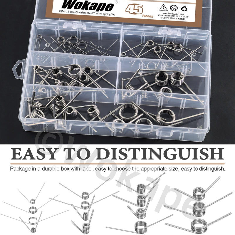 [Australia - AusPower] - 45pcs 15 Sizes Stainless Steel Tiny Torsion Spring Set, 0.5/1 /1.5/2 /2.5mm Wire Diameter 45°& 90°& 120°Torsion Spring for Woodworking Maintenance and DIY 