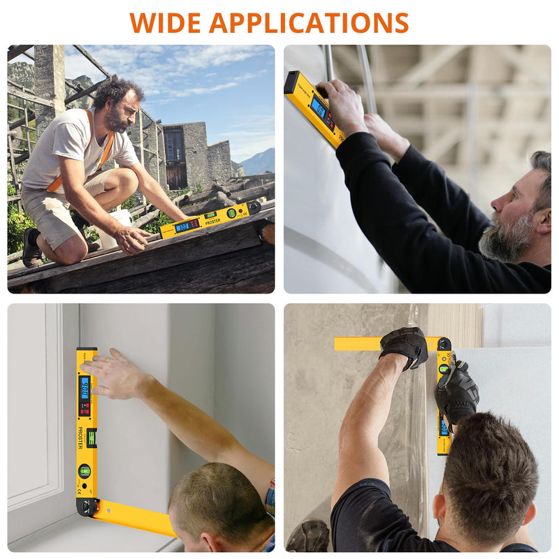 Proster Digital Angle Finder Gauge - Aluminum Angle Finder 16 inch 400mm with LCD Vertical Horizontal Spirit Level and Magnetic Base for Woodworker Yellow