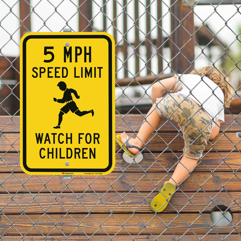 SmartSign 18 x 12 inch “5 MPH Speed Limit - Watch For Children” Metal Sign, 63 mil Aluminum, 3M Laminated Engineer Grade Reflective Material, Black and Yellow, Made in USA