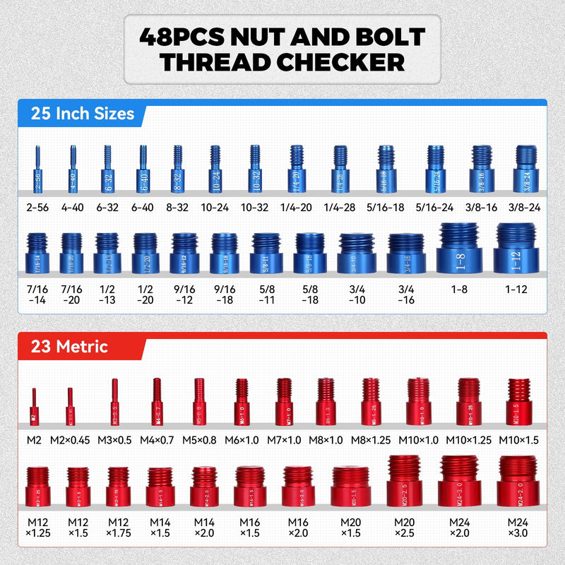 [Australia - AusPower] - Thread Checker,48PCS Nut and Bolt Thread Checker, Standard 25 Inch & 23 Metric Bolt Size Finder for Detecting The Dimensions of Threaded Nuts in Narrow Spaces. 