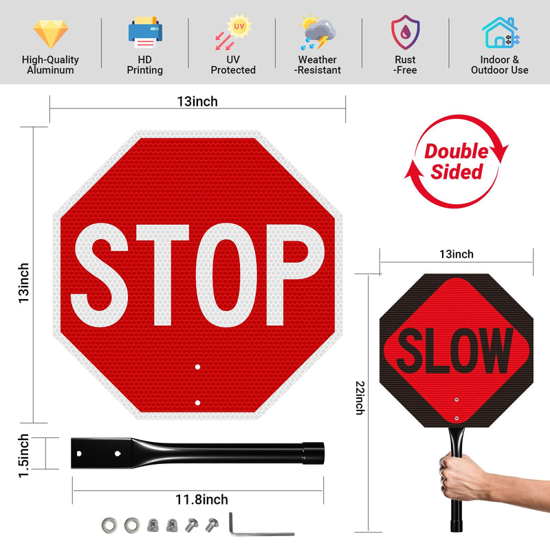 2 Pack Stop Slow Sign with Handle, 13"x13" Double Sided Stop/Slow Traffic Sign, Rust Free Reflective Aluminum, Fade & Weather Resistant, Waterproof, UV Protected, Easy to Mount and Read Red-Stop/Slow with Handle-2Pack