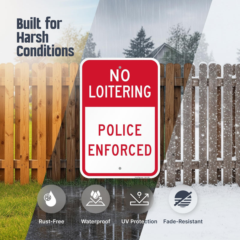 SmartSign 18 x 12 inch "No Loitering Police Enforced" Sign, 2mm Thick Aluminum Composite, Pre-Drilled Holes, Red and White, Made in USA 12" x 18" - ACM