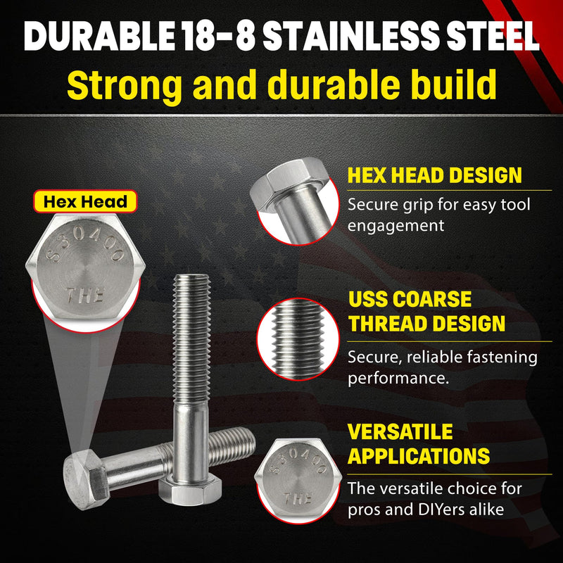 Chenango Supply 5/16-18 x 1-1/2 Stainless Steel Hex Head Bolts – 304 Stainless, USS Coarse Thread, 100,000–125,000 PSI Tensile Strength, Corrosion-Resistant Hardware Bolts, (50 Pieces, 5/16-18 x 1.5) 5/16-18 x 1-1/2 Inch