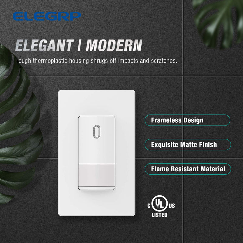 [Australia - AusPower] - ELEGRP Single Pole Occupancy Motion Sensor Light Switch, PIR Infrared Motion Activated Switch, Need Grounding Wire, No Neutral Wire, for CFL/LED/Incandescent, with Plate, UL(2 Pack, Matte White) 2 Pack 